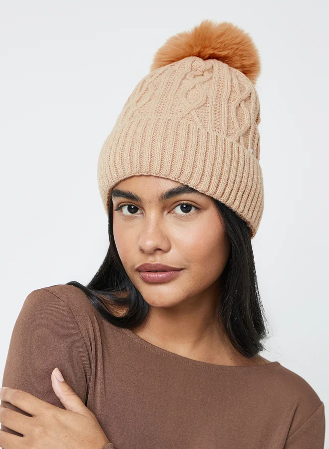 Styli  Khaki Cable Knit Beanie with Faux Fur Pompom for Women | Best Price UAE