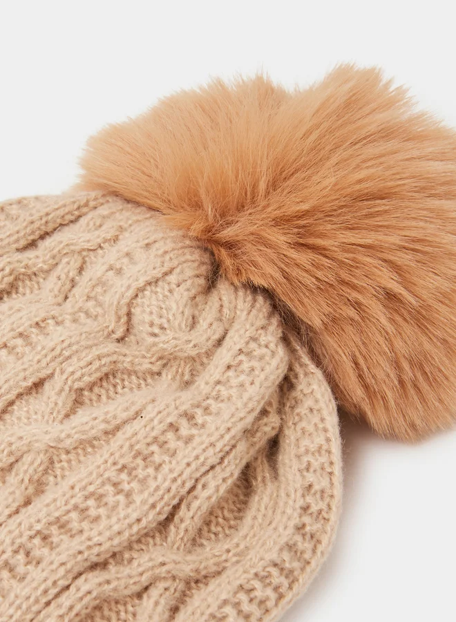 Styli  Khaki Cable Knit Beanie with Faux Fur Pompom for Women | Best Price UAE