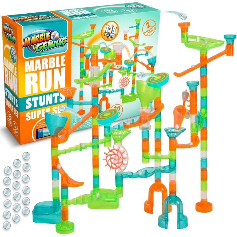 Marble Genius Marble Run Stunts Super Set 125 Pieces Total 20 Action Pieces Including 2 New Trampolines Free Online App and FullColor Instruction Booklet Made for Ages 5 and Up - Image 2