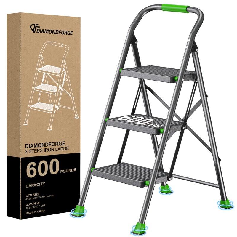 DIAMONDFORGE Step Ladder Foldable Folding Stool - for Home Adults Kitchen 3 Stepping Extension Tall Heavy Duty with Handrails - Closet Stepstool Stair Ladders Extendable Stepladder for Indoor House 600Lbs - Image 1