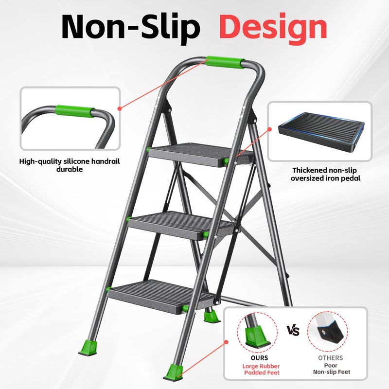 DIAMONDFORGE Step Ladder Foldable Folding Stool - for Home Adults Kitchen 3 Stepping Extension Tall Heavy Duty with Handrails - Closet Stepstool Stair Ladders Extendable Stepladder for Indoor House 600Lbs - Image 3