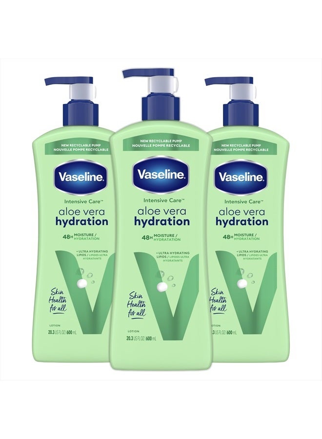 Vaseline لوشن الجسم للعناية المكثفة للبشرة الجافة - لوشن ترطيب مهدئ مصنوع من الدهون المرطبة الفائقة + 1% مستخلص الألوة فيرا لإنعاش البشرة الجافة 20.3 أونصة، عبوة من 3 - Image 1