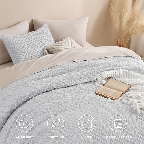 Andency Light Grey King Size Comforter Set, 3 Pieces Boho Bedding Set & Collections, Farmhouse Tufted Fluffy Bedding Comforter Sets for King Bed (1 Comforter 104x90In, 2 Pillowcases) - Image 4