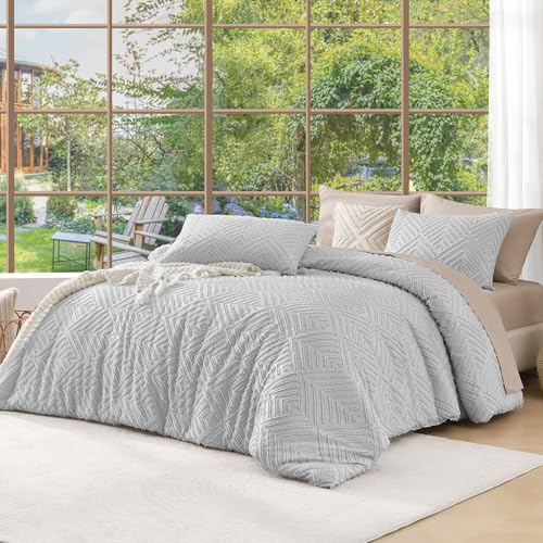 Andency Light Grey King Size Comforter Set, 3 Pieces Boho Bedding Set & Collections, Farmhouse Tufted Fluffy Bedding Comforter Sets for King Bed (1 Comforter 104x90In, 2 Pillowcases) - Image 1