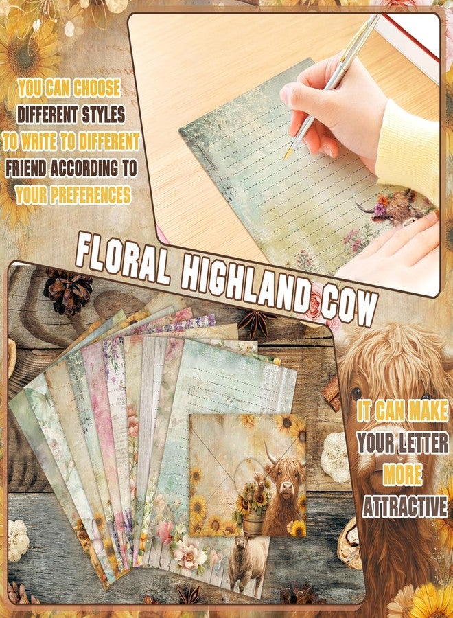 TaoBary 160 Pcs Stationery Paper Set 50 Double Sided Stationery Papers with 50 Matching Envelopes and 60 Round Dot Sticker, 10 Design(Floral Highland Cow,5.5 x 8.25 Inch) - Image 5