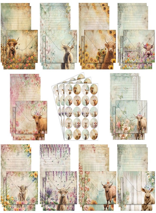 TaoBary 160 Pcs Stationery Paper Set 50 Double Sided Stationery Papers with 50 Matching Envelopes and 60 Round Dot Sticker, 10 Design(Floral Highland Cow,5.5 x 8.25 Inch) - Image 1
