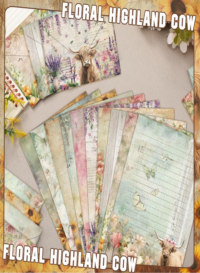TaoBary 160 Pcs Stationery Paper Set 50 Double Sided Stationery Papers with 50 Matching Envelopes and 60 Round Dot Sticker, 10 Design(Floral Highland Cow,5.5 x 8.25 Inch) - Image 4