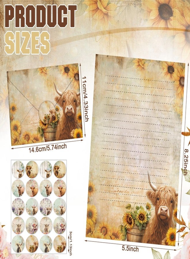 TaoBary 160 Pcs Stationery Paper Set 50 Double Sided Stationery Papers with 50 Matching Envelopes and 60 Round Dot Sticker, 10 Design(Floral Highland Cow,5.5 x 8.25 Inch) - Image 2