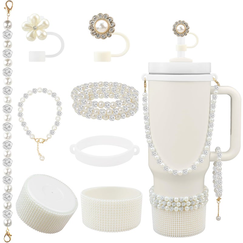 Hpebl Cup Accessories for Stanley 3040oz Tumbler containing Pearl Straw Cover Topper Silicone Cup Boot Water Bottle Handle Strap Pearl Bracelets CharmsPearls with Silver Beads