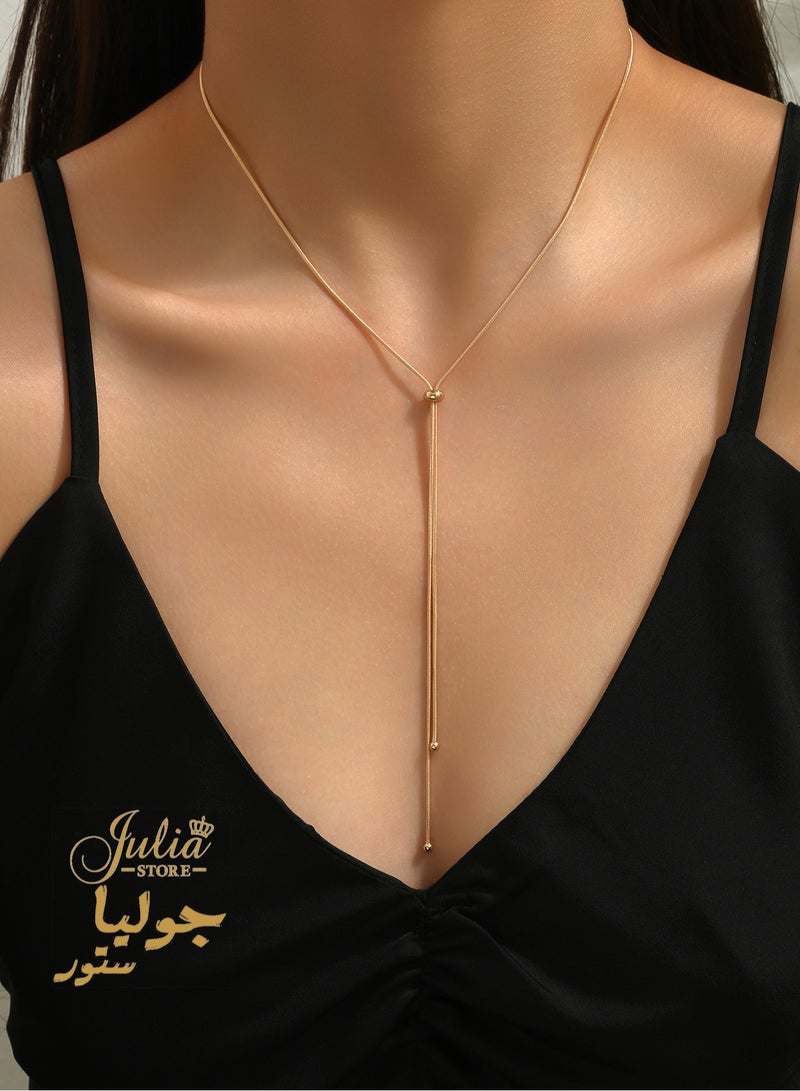 18K Gold Plated Stainless Steel Adjustable Trendy Elegant Thin Snake Slider Y Necklace