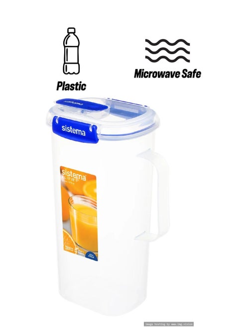 Sistema Klip It Plus 2 Liter Juice Jug, Stackable & Portable with built in leak proof seal, and Easy Locking Clips. Is Microwave, Dishwasher safe and BPA Free, Dark Blue Clips.