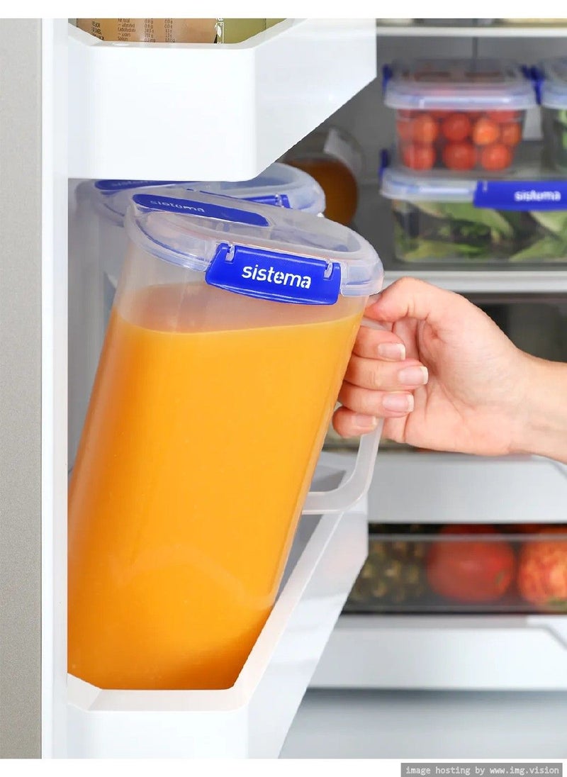 sistema - Sistema Klip It Plus 2 Liter Juice Jug, Stackable & Portable with built in leak proof seal, and Easy Locking Clips. Is Microwave, Dishwasher safe and BPA Free, Dark Blue Clips. - Image 1