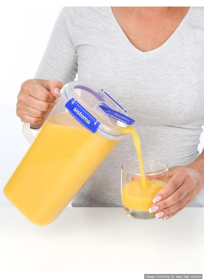 sistema - Sistema Klip It Plus 2 Liter Juice Jug, Stackable & Portable with built in leak proof seal, and Easy Locking Clips. Is Microwave, Dishwasher safe and BPA Free, Dark Blue Clips. - Image 1