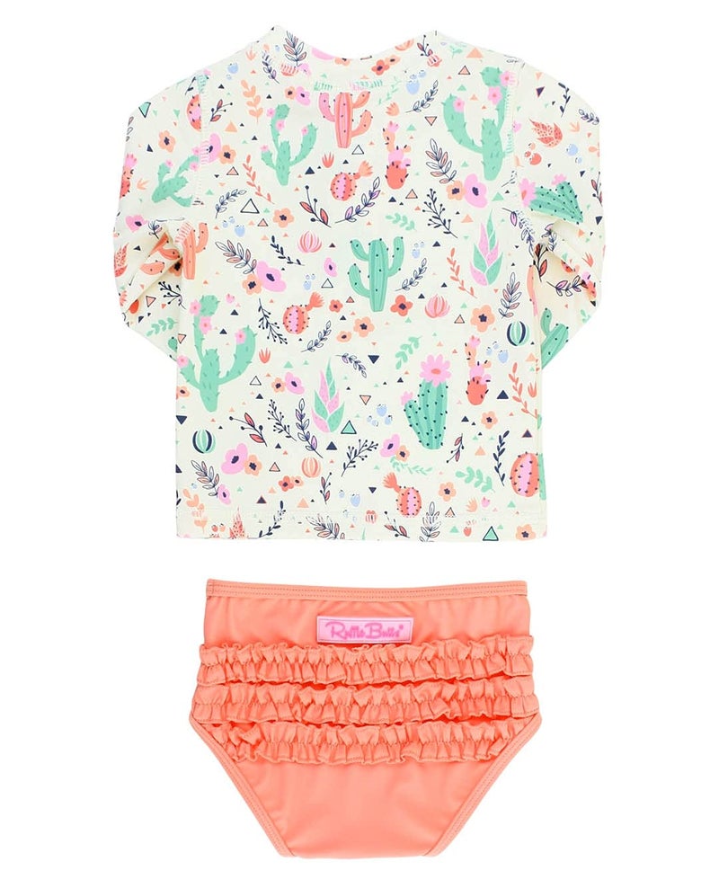 RuffleButtsÂ® Baby/Toddler Girls Long Sleeve Rash Guard 2 Piece Swimsuit Set w/UPF 50+ Sun Protection with Zipper - Desert Blossoms X, 3T - Image 3