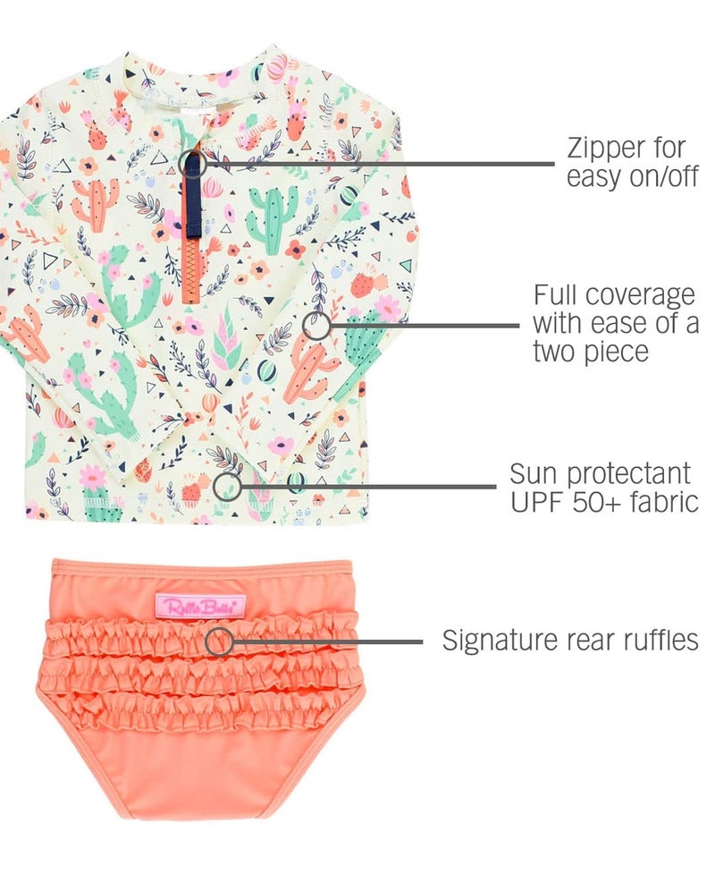 RuffleButtsÂ® Baby/Toddler Girls Long Sleeve Rash Guard 2 Piece Swimsuit Set w/UPF 50+ Sun Protection with Zipper - Desert Blossoms X, 3T - Image 2