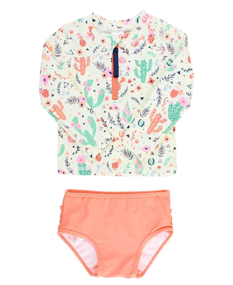 RuffleButtsÂ® Baby/Toddler Girls Long Sleeve Rash Guard 2 Piece Swimsuit Set w/UPF 50+ Sun Protection with Zipper - Desert Blossoms X, 3T - Image 1