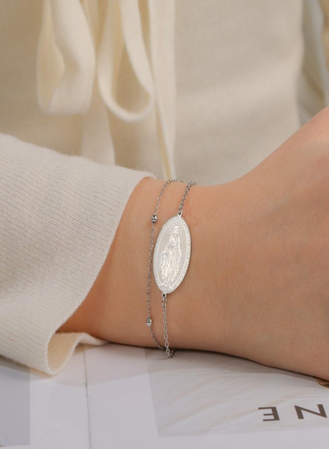 TEAMER Dainty Virgin Mary Rosary Bracelet Mother Mary Double Layer Beads Chain Bracelet Religious Faith Protection Jewelry For Women Men (Silver) - Image 3