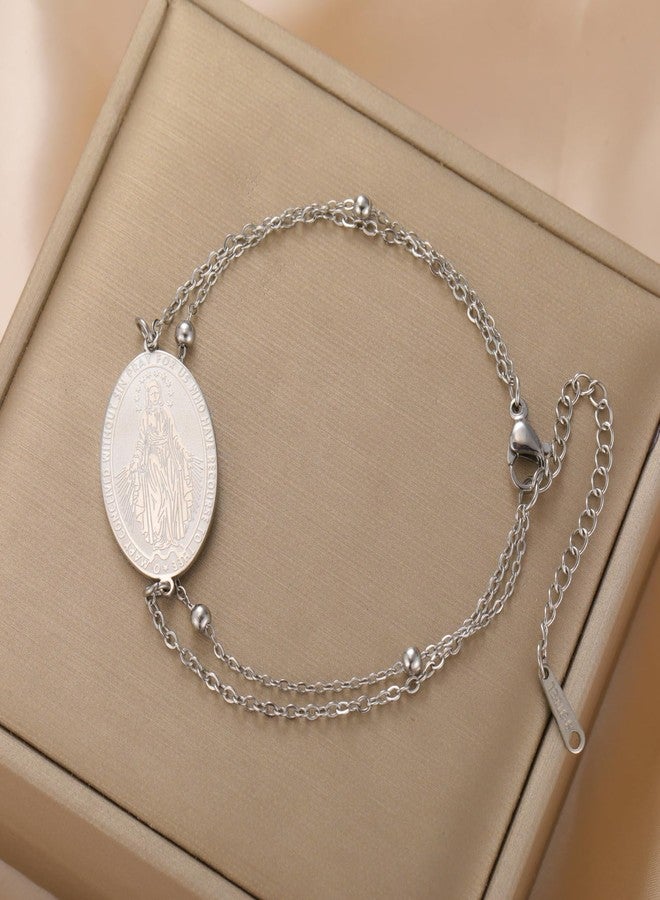 TEAMER Dainty Virgin Mary Rosary Bracelet Mother Mary Double Layer Beads Chain Bracelet Religious Faith Protection Jewelry For Women Men (Silver) - Image 4