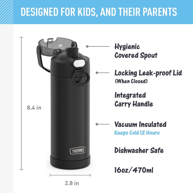 THERMOS FUNTAINER 16 Ounce Stainless Steel Vacuum Insulated Bottle with Wide Spout Lid, Black Matte - Image 2