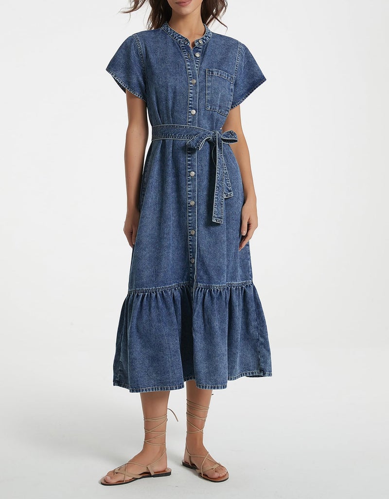 Kedera Women's Denim Dress Cap Sleeve Jean Dress Button Down A-Line Denim Shirt Dresses with Belt 2025 Outfits Dark Blue - Image 3