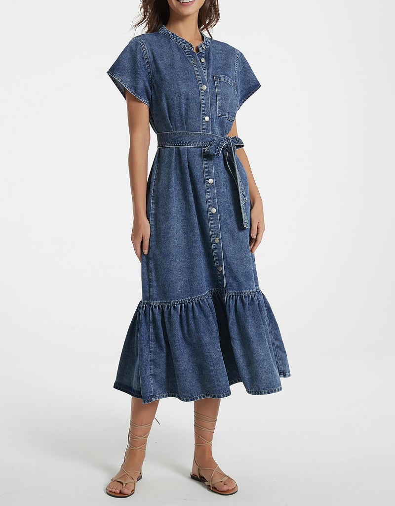 Kedera Women's Denim Dress Cap Sleeve Jean Dress Button Down A-Line Denim Shirt Dresses with Belt 2025 Outfits Dark Blue - Image 4