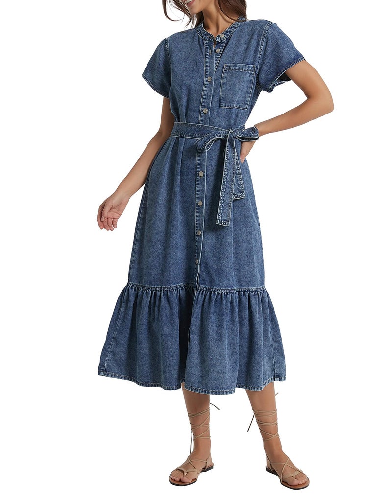 Kedera Women's Denim Dress Cap Sleeve Jean Dress Button Down A-Line Denim Shirt Dresses with Belt 2025 Outfits Dark Blue - Image 1
