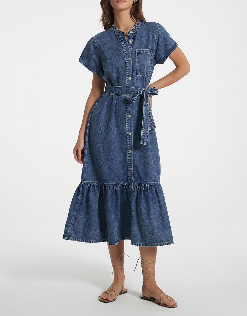 Kedera Women's Denim Dress Cap Sleeve Jean Dress Button Down A-Line Denim Shirt Dresses with Belt 2025 Outfits Dark Blue - Image 2