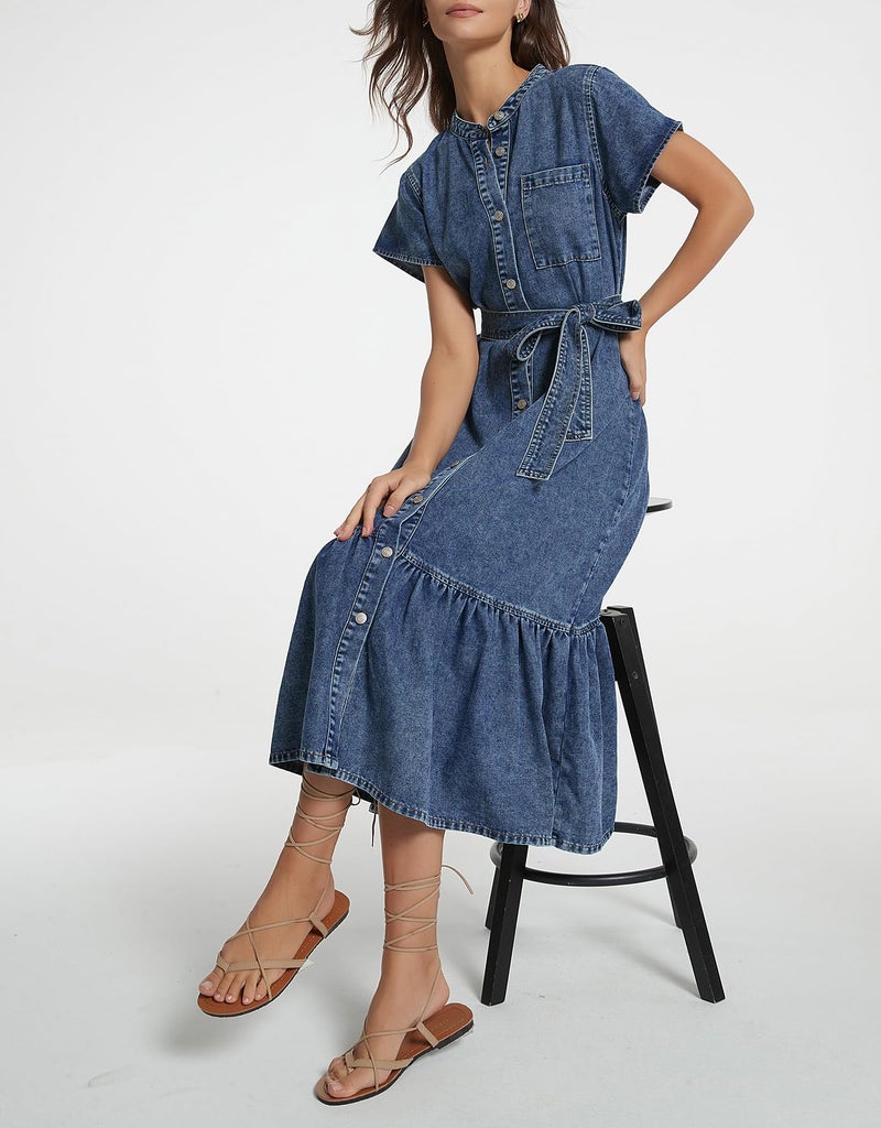 Kedera Women's Denim Dress Cap Sleeve Jean Dress Button Down A-Line Denim Shirt Dresses with Belt 2025 Outfits Dark Blue - Image 5