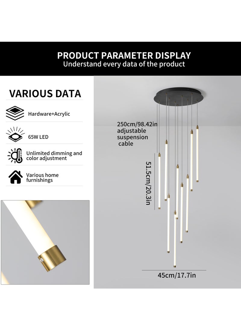 الجا الحاجة ثريا كبيرة عصرية LED قابلة للإضاءة الخافتة 9 أضواء LED 65 واط للدرج الكبير، ثريات كبيرة بسقف مرتفع 98 بوصة، ثريات كبيرة بسقف مرتفع، تركيبات إضاءة معلقة حلزونية طويلة من الأكريليك مع جهاز تحكم عن بعد لمدخل غرفة المعيشة والبهو  - Image 3