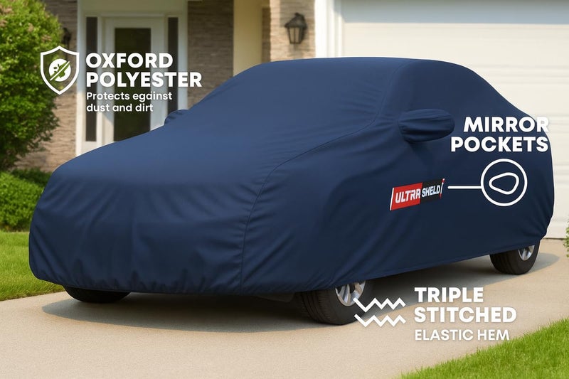 ULTRA SHIELD All Weather Water-Resistant Car Cover for Maruti Suzuki Swift | Durable Light-Weight Triple-Stitched Fabric, UV Protection, Dust-Proof | Mirror Pockets, Full Elastic | Navy Blue - Image 2