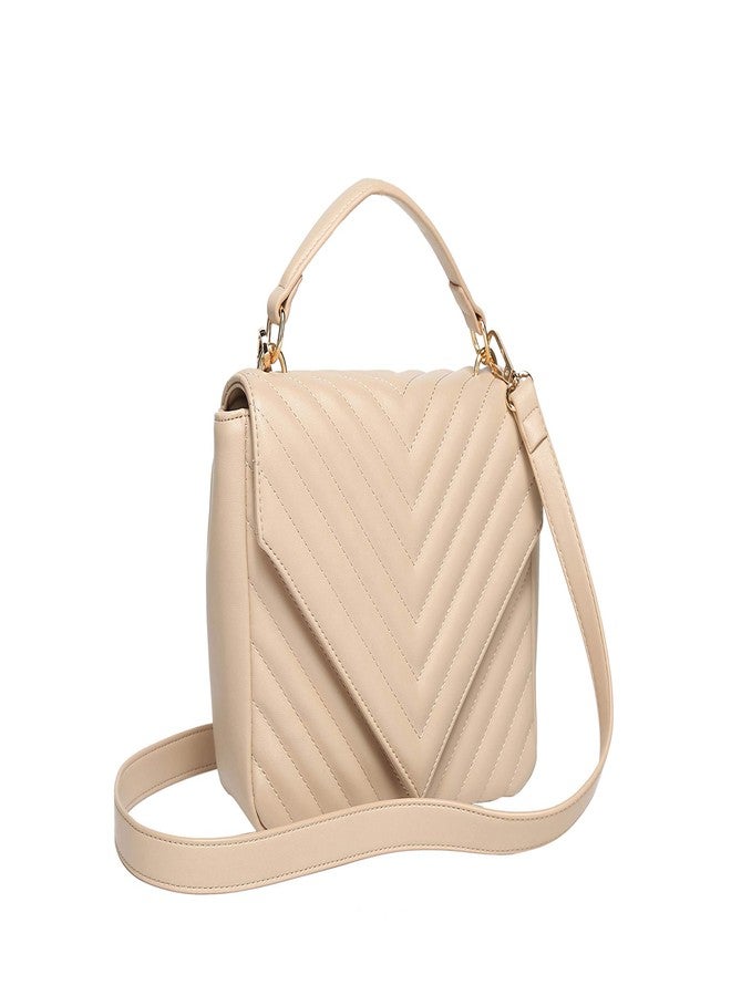 Daisy Rose Quilted Chevron Shoulder Cross Body Bag with Top Handle, PU Vegan Leather - Beige - Image 3
