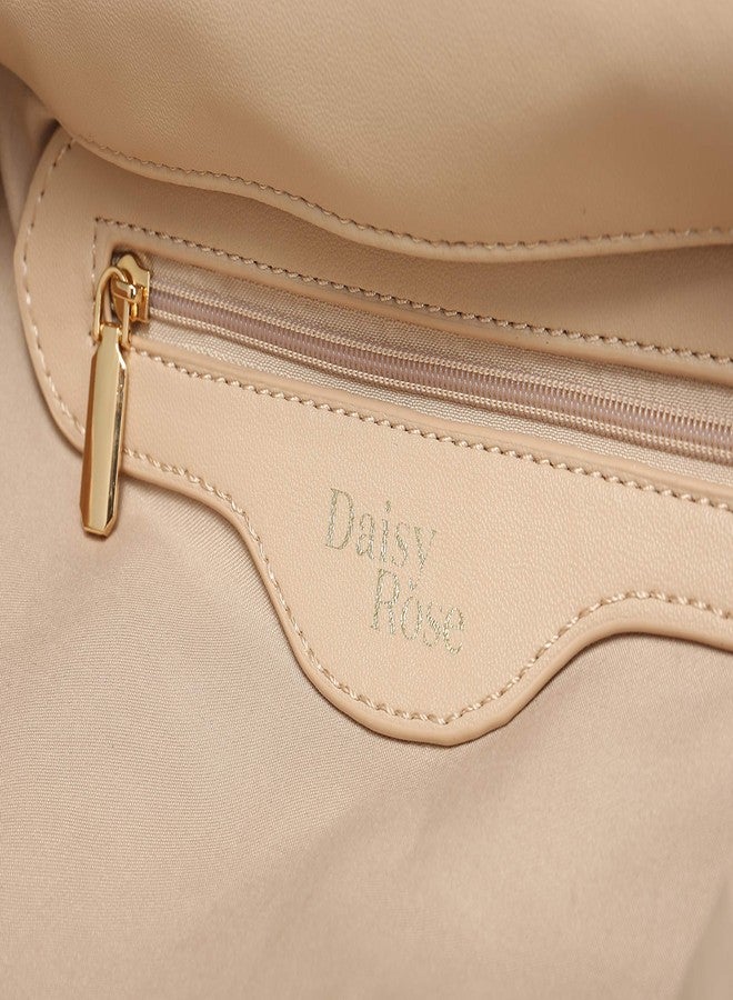 Daisy Rose Quilted Chevron Shoulder Cross Body Bag with Top Handle, PU Vegan Leather - Beige - Image 5