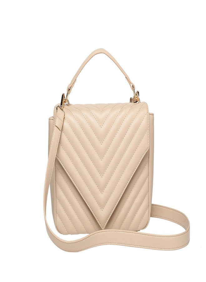 Daisy Rose Quilted Chevron Shoulder Cross Body Bag with Top Handle, PU Vegan Leather - Beige - Image 1