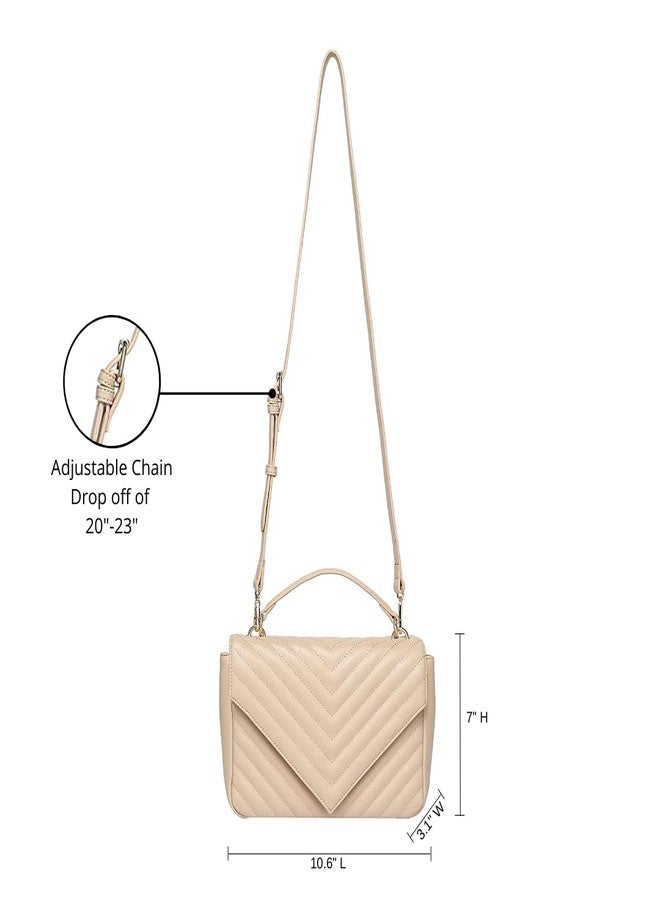 Daisy Rose Quilted Chevron Shoulder Cross Body Bag with Top Handle, PU Vegan Leather - Beige - Image 2