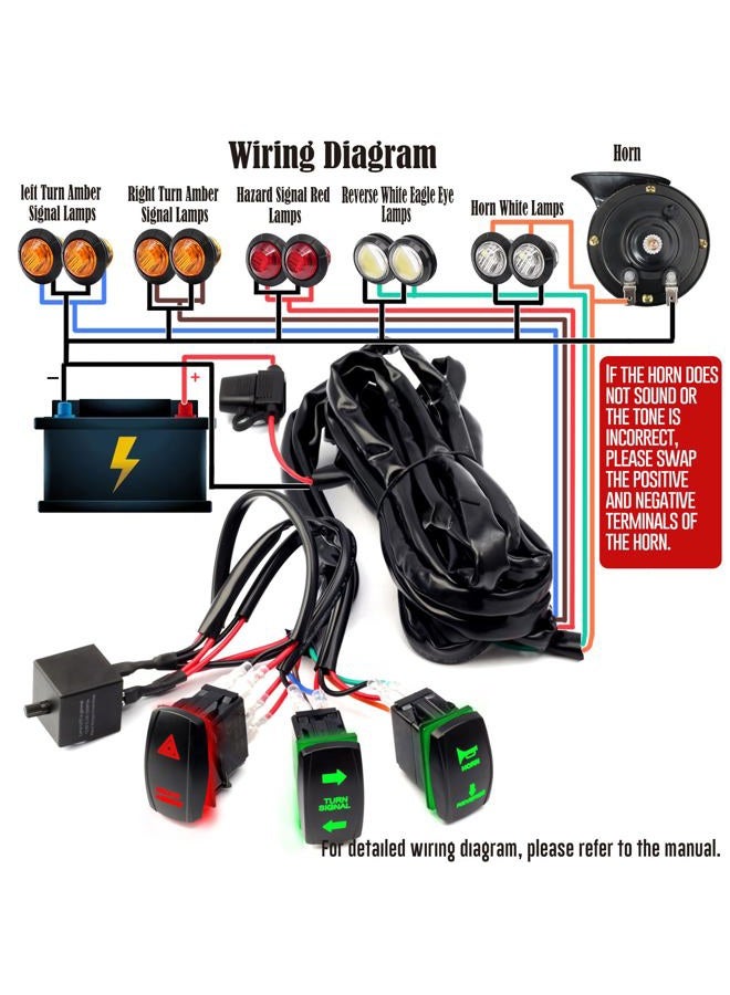 Dusledel Pre-wired ATV UTV Turn Signal Kit, Universal Dirt Bike Street Legal Kit with Horn Reverse Hazard Turn Light Rocker Switch & Flasher Relay Fuse, Side by Side Blinker Kit for Polaris Can-Am Golf Cart - Image 2