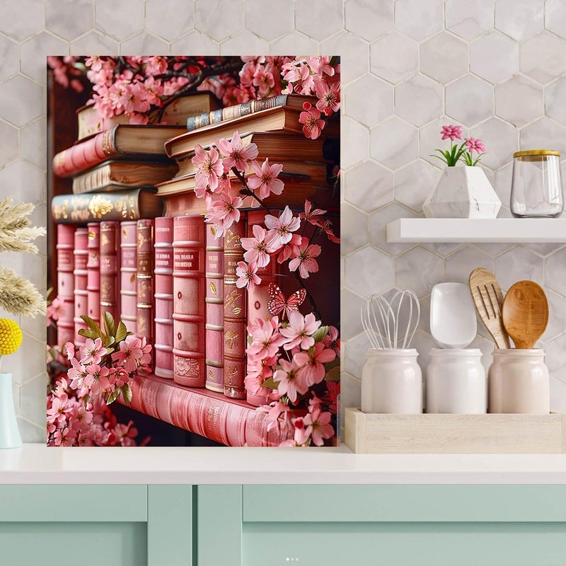 Meothan Diamond Art Kits for Adults Flowers Bookshelf Diamond Painting Kits for Adults Beginners, DIY Bookshelf Flowers Diamond Gem Art Dots Painting Kits for Home Walls Decor Gifts 12x16inch (Pink) - Image 2