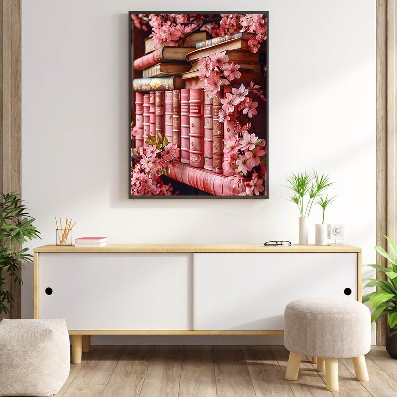 Meothan Diamond Art Kits for Adults Flowers Bookshelf Diamond Painting Kits for Adults Beginners, DIY Bookshelf Flowers Diamond Gem Art Dots Painting Kits for Home Walls Decor Gifts 12x16inch (Pink) - Image 4