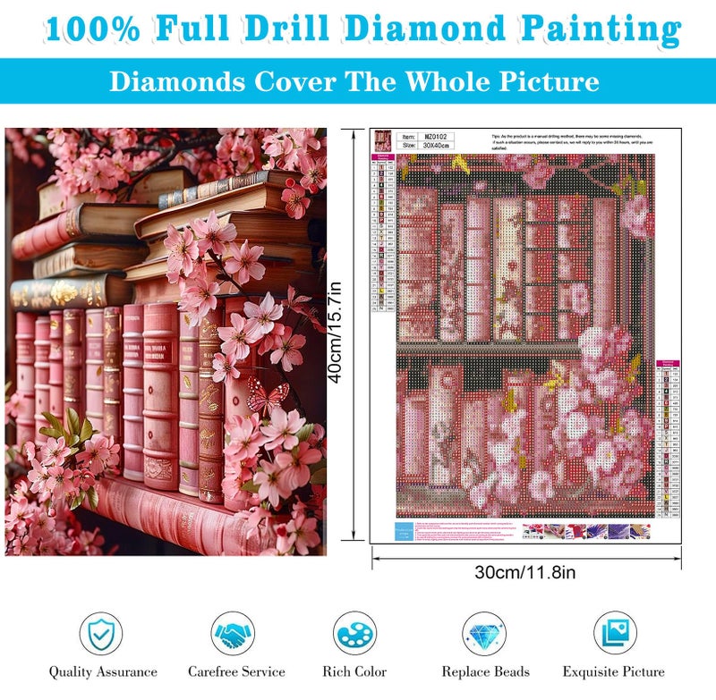 Meothan Diamond Art Kits for Adults Flowers Bookshelf Diamond Painting Kits for Adults Beginners, DIY Bookshelf Flowers Diamond Gem Art Dots Painting Kits for Home Walls Decor Gifts 12x16inch (Pink) - Image 3