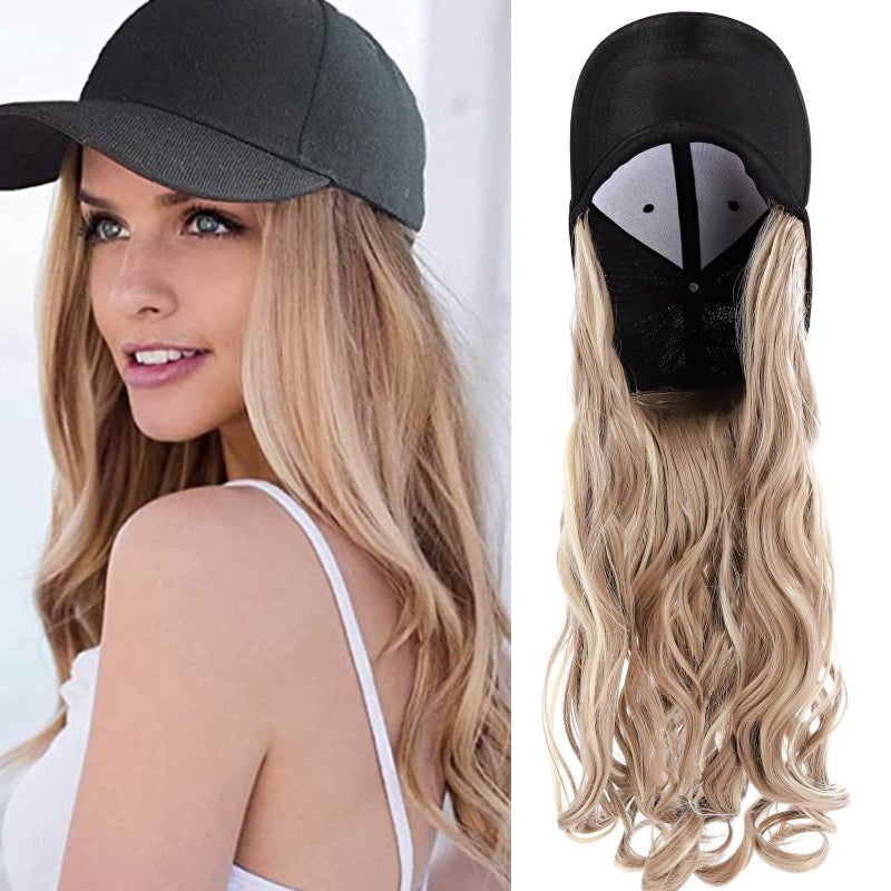 S-noilite 16" Baseball Cap with Hair Baseball Hats with Hair Attached Curly Wavy Cap Wig with Hair Extensions Adjustable Culry Baseball Hat Wig for Women (16" -Curly, Sandy Blonde & Bleach Blonde) - Image 1