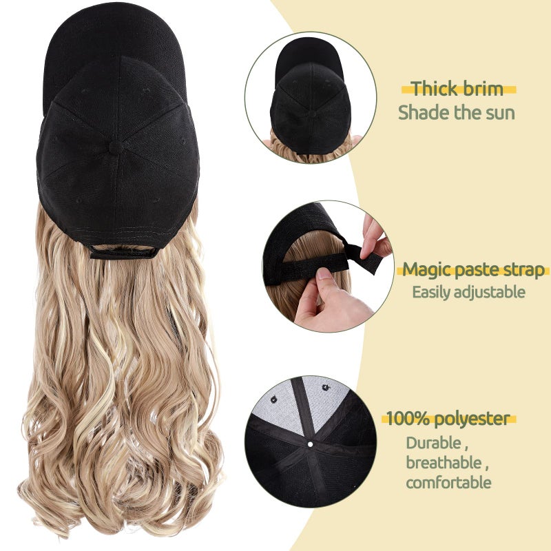 S-noilite 16" Baseball Cap with Hair Baseball Hats with Hair Attached Curly Wavy Cap Wig with Hair Extensions Adjustable Culry Baseball Hat Wig for Women (16" -Curly, Sandy Blonde & Bleach Blonde) - Image 2