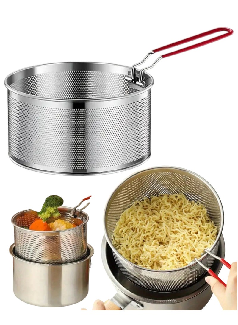 A single piece of multi-purpose, deep basket-shaped mesh strainer that can be used for steaming or frying. It is used in pasta restaurants to boil pasta, noodles, or instant noodles. It can also be used to boil vegetables, corn, or fry potatoes, chicken nuggets, fish, or samosas. A practical, civilized tool for quick juicing. There is no need to use several pots to prepare noodles or pasta. Just place the strainer inside the cooking pot and leave it until it is cooked, then drain it easily. Ideal for the kitchen, restaurants, food trucks, or hotels. It is made of rust-resistant stainless steel and has a handle for easy grip. It is foldable for easy storage. The strainer mouth measures 20 cm and is 10.2 cm deep. - Image 1
