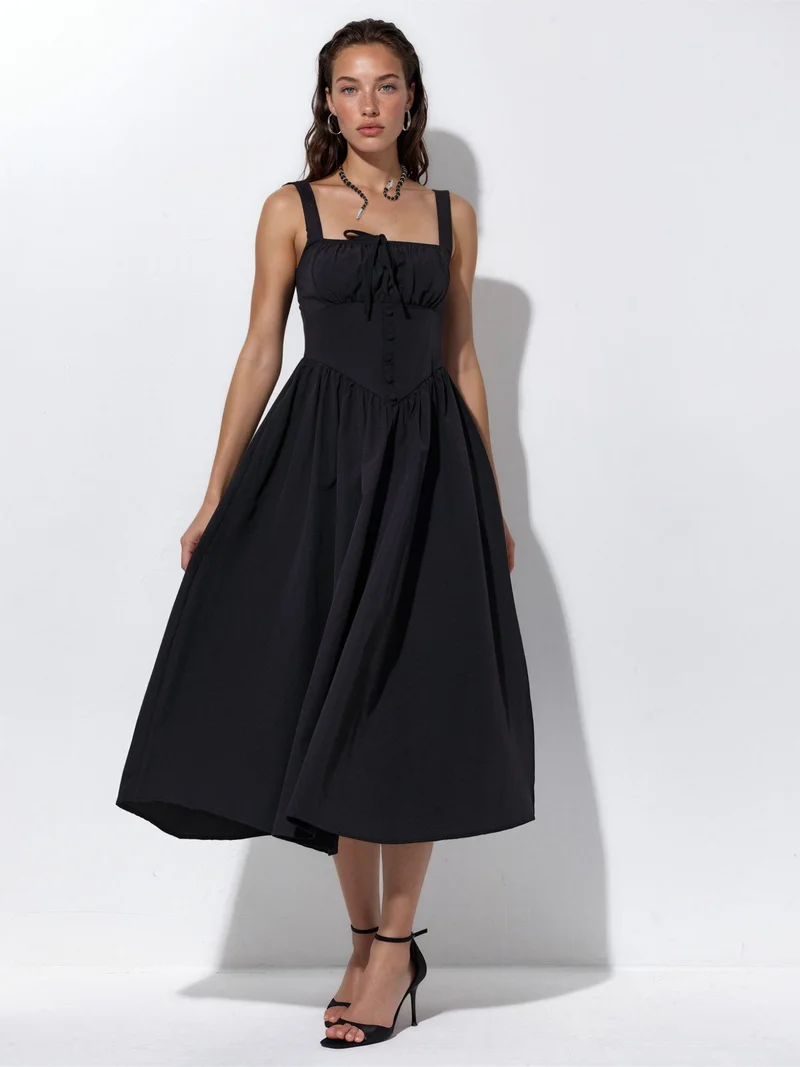 بوسيم BUSEM Midi Dress with Square Collar and Button Detail