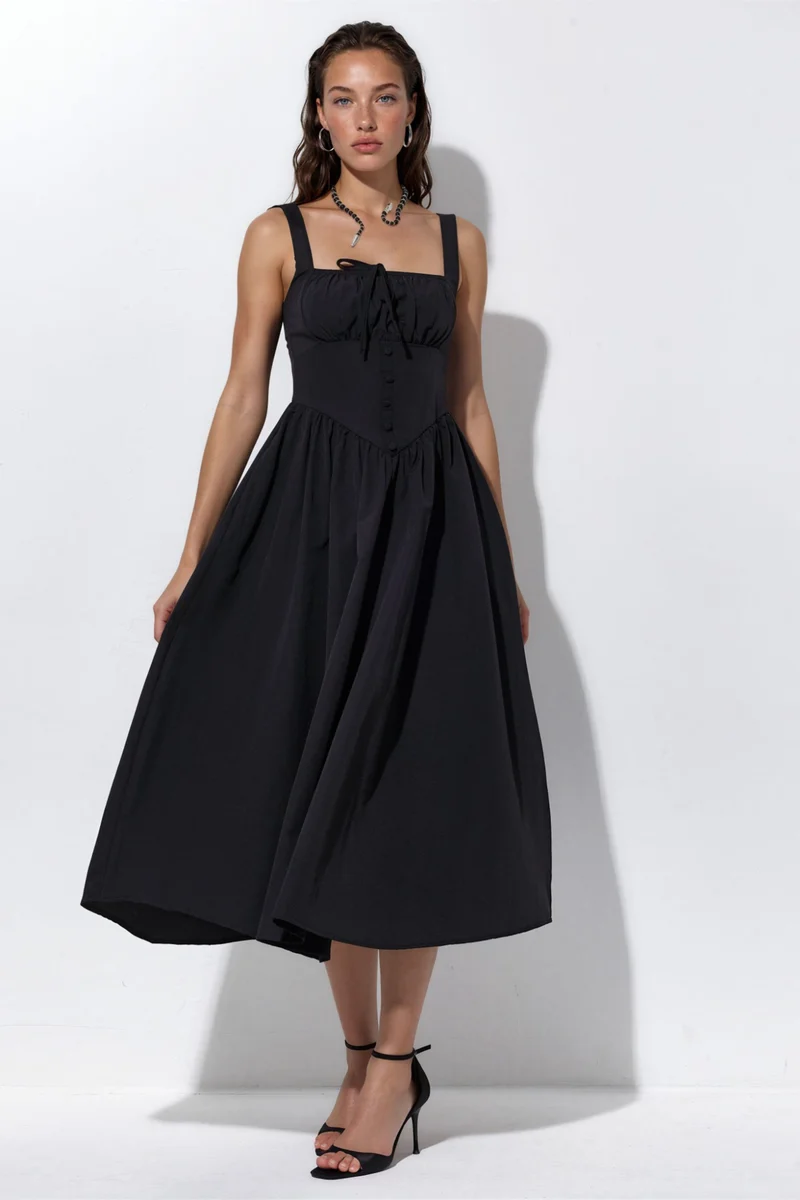 Busem BUSEM Midi Dress with Square Collar and Button Detail