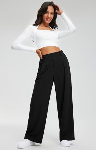 Libin Women's Wide Leg Pants 29" High Waisted Waffle Knit Casual Work Dress Pants Business Palazzo Trousers with Pockets, Black, L-New - Image 5