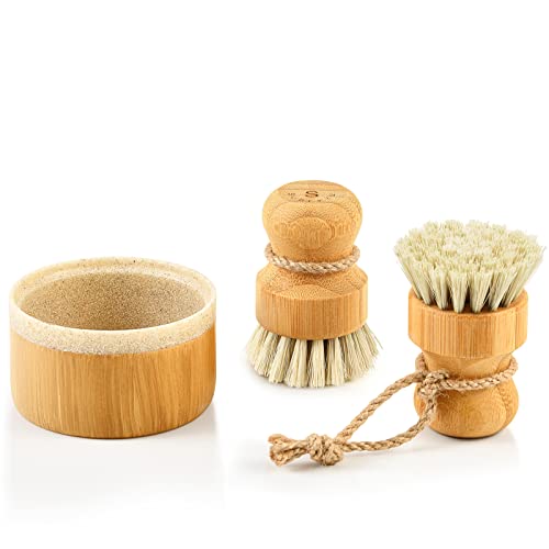 SUBEKYU SUBEKYU Bubble Up Bamboo Dish Brush Set with Soap Holder Wooden Dish Scrubber with Soap Dispenser Natural Kitchen Scrub Brush Washing PotPansCast Iron 2 Pack Sisal Bristles 