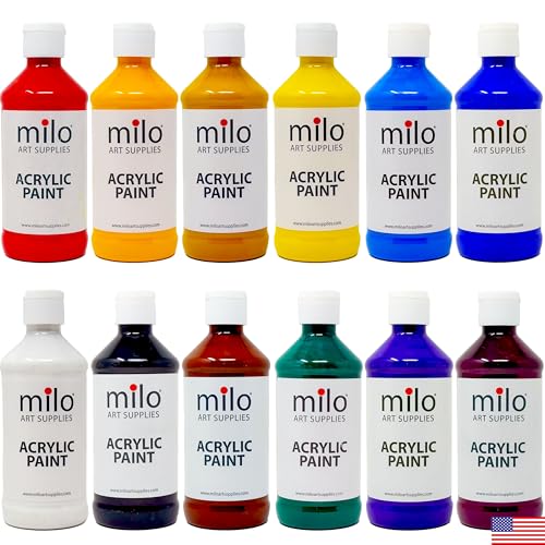 milo Acrylic Paint Set of 12 Colors | 8 oz Bottles | Student Primary Colors Acrylics Painting Pack | Made in the USA | Non-Toxic Art & Craft Paints for Artists, Kids, & Hobby Painters - Image 1