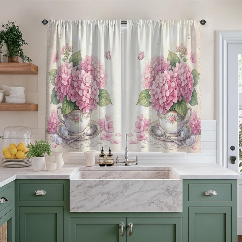 Hydrangea Kitchen Curtains, Vintage Floral Teacup Butterfly Spring Peach Curtains for Small Windows Window Decoration for Dining Room Breakfast Nook Sink Area 26x45 Inch - Image 4