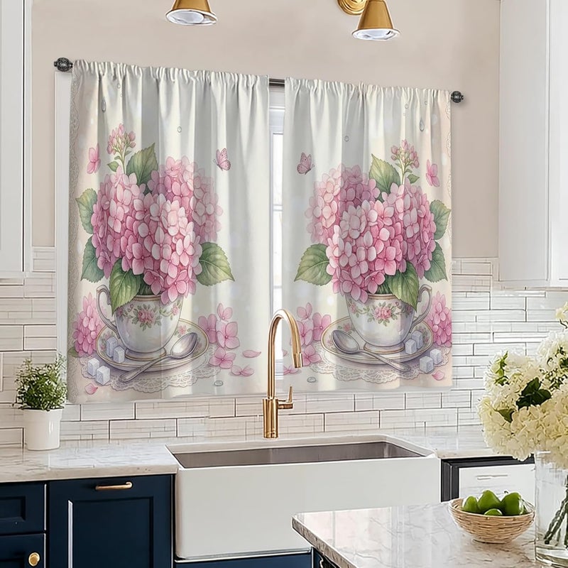 Hydrangea Kitchen Curtains, Vintage Floral Teacup Butterfly Spring Peach Curtains for Small Windows Window Decoration for Dining Room Breakfast Nook Sink Area 26x45 Inch - Image 1