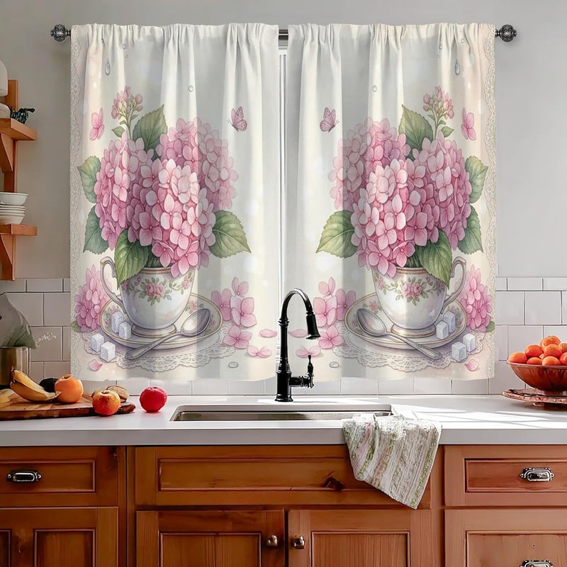 Hydrangea Kitchen Curtains, Vintage Floral Teacup Butterfly Spring Peach Curtains for Small Windows Window Decoration for Dining Room Breakfast Nook Sink Area 26x45 Inch - Image 2