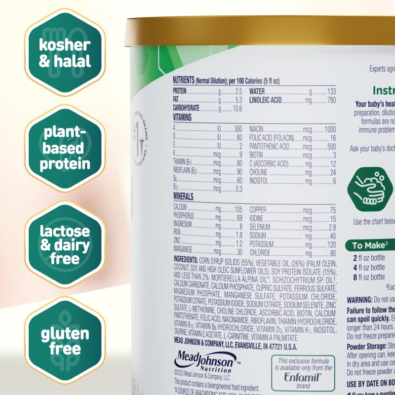 Enfamil Prosobee Plant based Baby Formula, for Sensitive Tummies, Soy-based Plant Sourced Protein, Vitamins for Immune Support, Lactose-free, Milk free, Gluten free, 20.9 Oz Can - Image 3